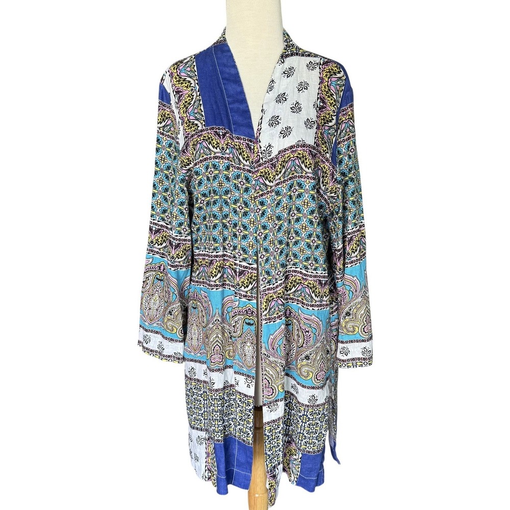 Chico's Patchwork 100% Linen Duster Cardigan Womens Size 2 Boho Open Front 12/14